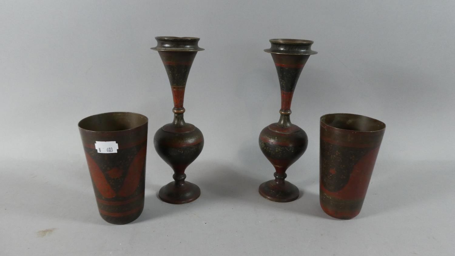 A Pair of Niello Beakers and Pair of Vases, Vases 22cm High