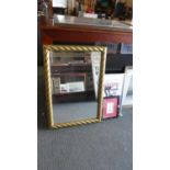 A Modern Rectangular Wall Mirror with Gilt Rope Effect Border, 82cm High Together with Two Prints