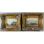 A Pair of Reproduction Gilt Framed Textured Prints Depicting Three Masted Sailing Ship and Harbour