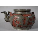 A Yixing Pewter Mounted Teapot with Pierced Dragon Decoration, Seal Mark to Base (Damage to Lid