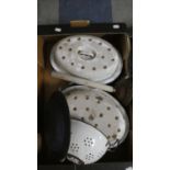 A Box Containing Enamelled Roasting Pans and Colander etc