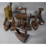 A Vintage Brass Sprayer Together with Seven Vintage Flat Irons and a Shoe Last