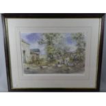 A Framed Limited Edition Nancy Dyson Print of Shepherd with Sheep in Farmyard, 41/500, 48cm Wide