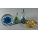 Three Coloured Glass Paperweights and a Bowl