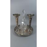 A Cut Glass Mallet Decanter, Pair of Silver Plated Vases and a Circular Pierced Gallery Tray