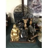 A Tray of Modern Decorative Ornaments to include Gilt Resin Buddha, Reproduction Gong, Resin Thai
