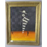 A Framed Modernistic Mexican Oil on Board Depicting Mexican Gent wearing cape in Cactus and Desert