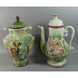 A Large Italian Glazed Coffee Pot and Matching Vase Both Decorated in Relief with Classical