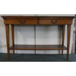 A Modern Cherry Wood Two Drawer Side Hall Table with Stretcher Shelf, 124cm Wide