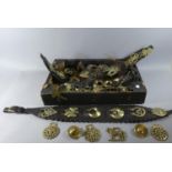 A Box of Victorian and Later Horse Brasses, Leather Straps etc