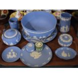 A Tray of Wedgwood Jasperware to Include Bowl, Lidded Pots, Plate, Jug etc