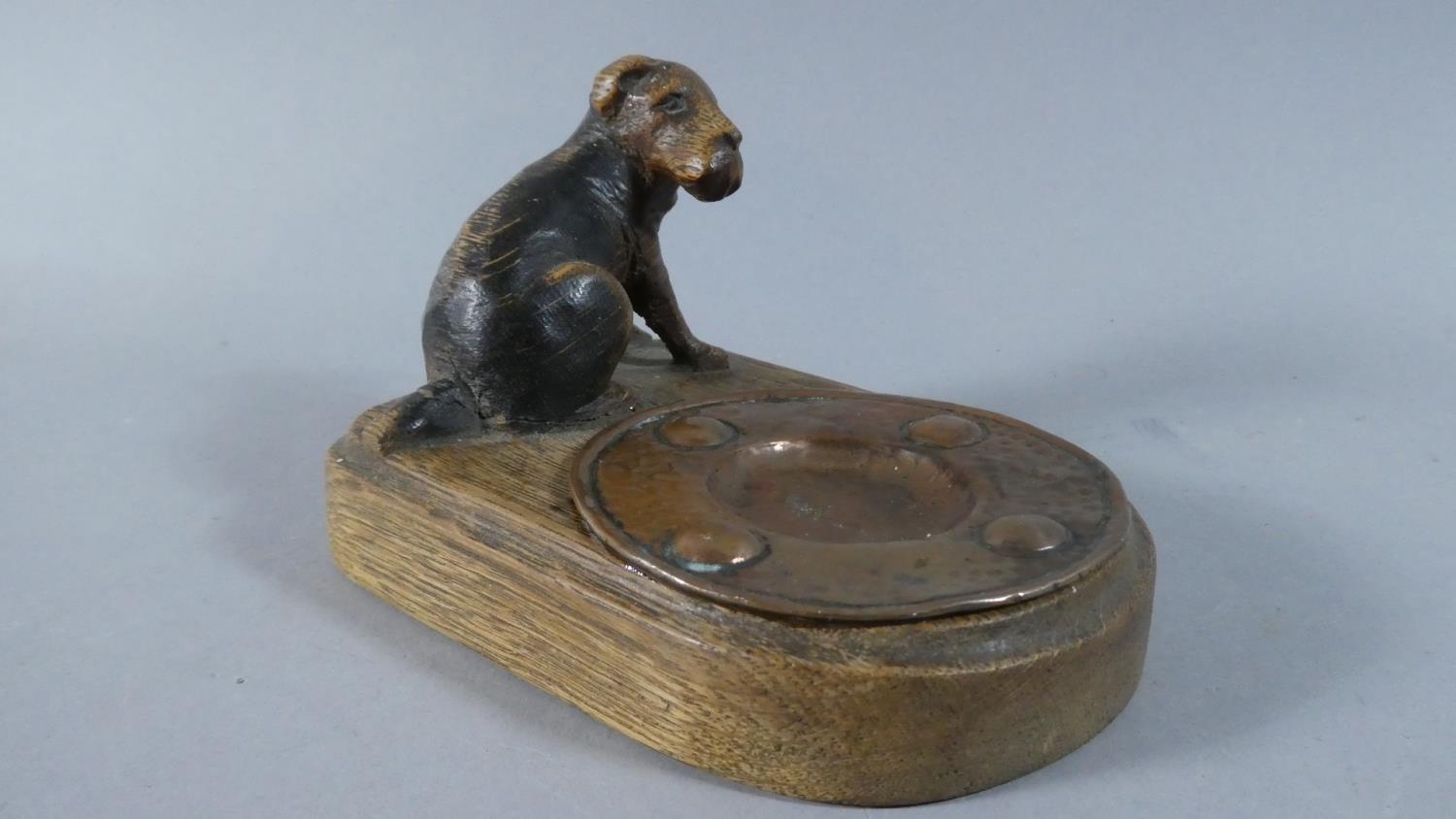 An Edwardian Carved Wooden Stand with Fox Terrier Mount and Beaten Copper Dish, 13.5cm Long