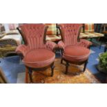 A Pair of Late Victorian Walnut Framed Salon Chairs with Button and Back Upholstery, Scrolled