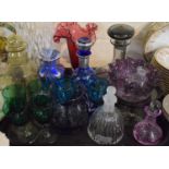 A Tray of Coloured Glassware to Include Cranberry Glass Vase, Smoke Coloured Decanter, Goebel 1979