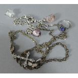 Two Silver Bracelets and Necklace with Crucifix Pendant and Silver and Tanzanite Dress Ring