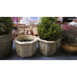 A Pair of Reconstituted Stone Octagonal Patio Planters with Relief Decoration, 43cm Diameter