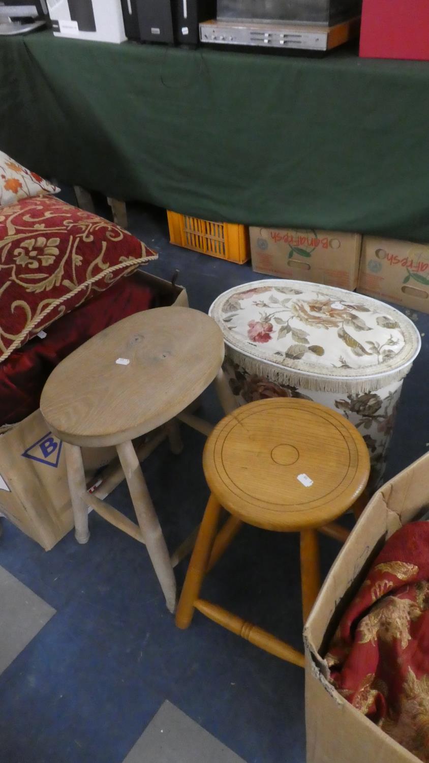 Two Wooden Stools and an Oval Linen Box