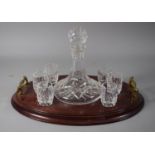 A Modern Ships Decanter and Six Glasses Set on Oval Mahogany Tray with Brass Handles, 37cm Long