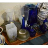 A Collection of Coloured Glassware to Include Shaped Dishes, Whale Ornament, Vases etc
