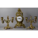 An Italian Brass Clock Garniture with White Enamelled Bell and Eight Day Movement, Clock 33.5cm High