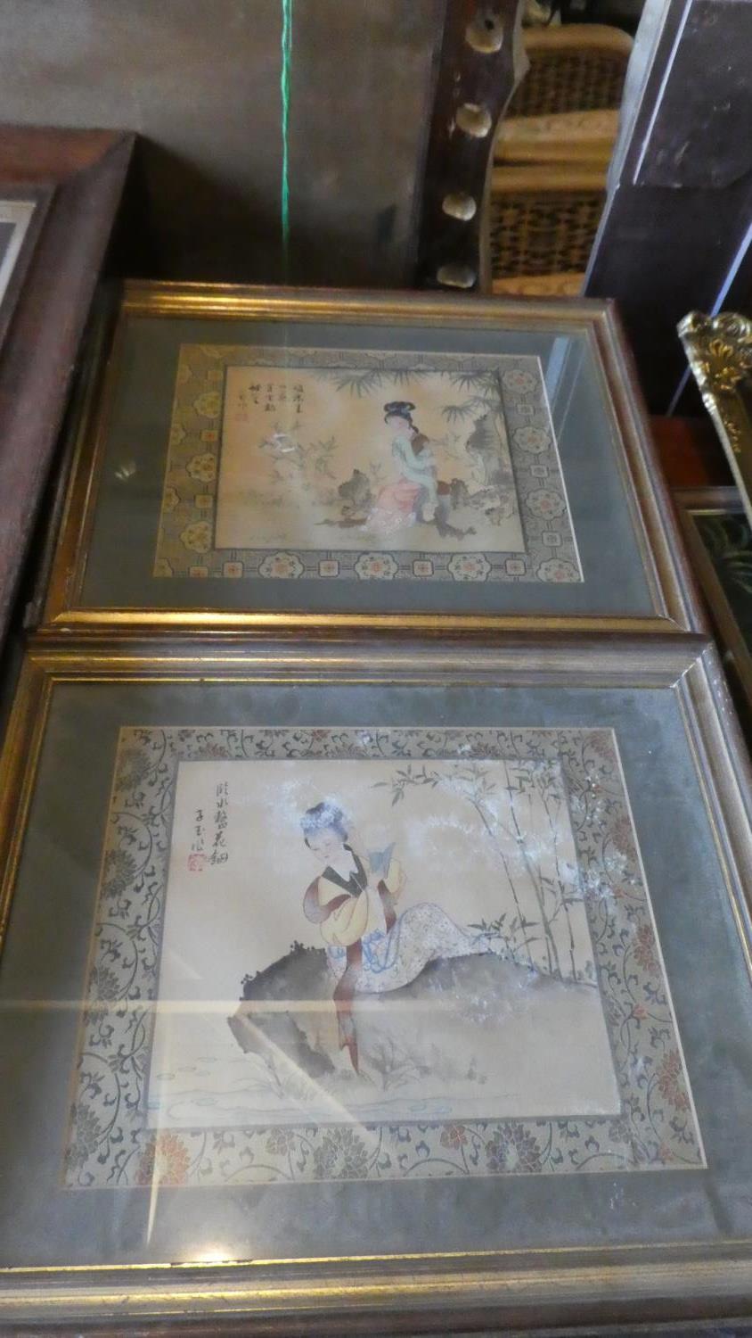 A Pair of Oriental Paintings on Silk, Maiden in Garden and Beside River, 28cm Wide