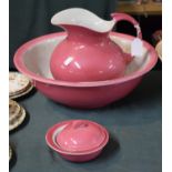 A Pink Toilet Jug, Bowl and Soapdish