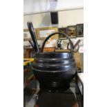 A Metal Coal Bucket Containing Two Enamelled Bed Chamber Sticks and Fire Irons
