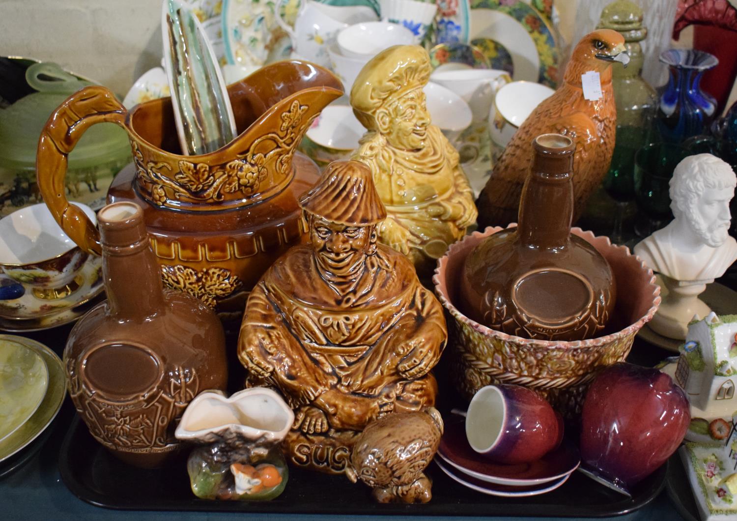 A Tray of Treacle Glazed Ceramics to Include Large Wood's Moulded Hunting Jug, Novelty Sugar and