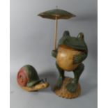 Two Carved Wooden Ornaments, Frog and Snail, Frog 39cm High