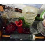 A Tray of Glassware to Include Good Quality Cut Glass Jug, Cranberry Glass Vase etc Together with