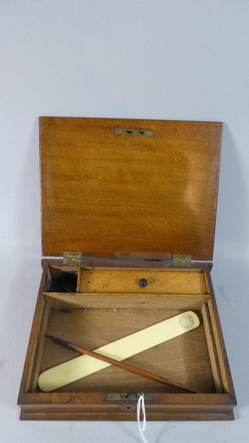 An Edwardian Oak Writing Box with Hinged Lid to Fitted Interior, Brass Escutcheon, 25cm Wide - Image 2 of 2