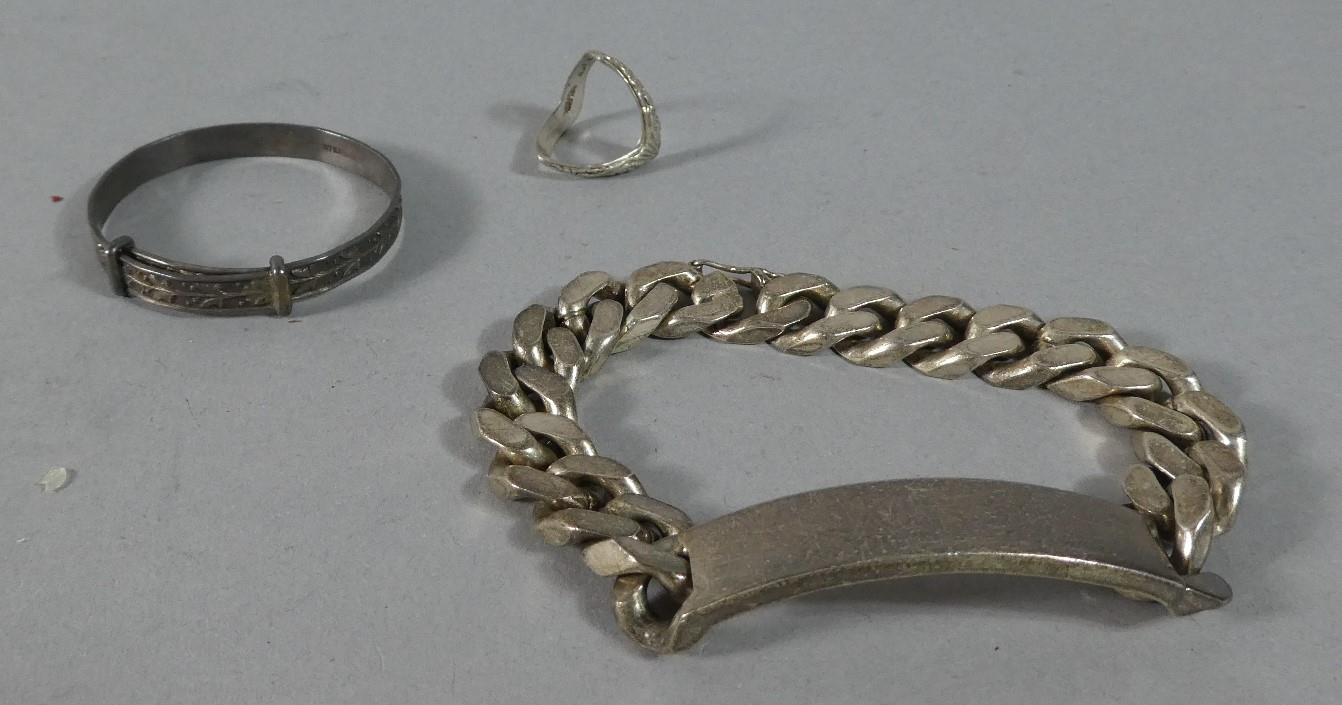 A Silver Identity Bracelet, Silver Christening Bracelet and a Wishbone Ring