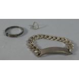 A Silver Identity Bracelet, Silver Christening Bracelet and a Wishbone Ring