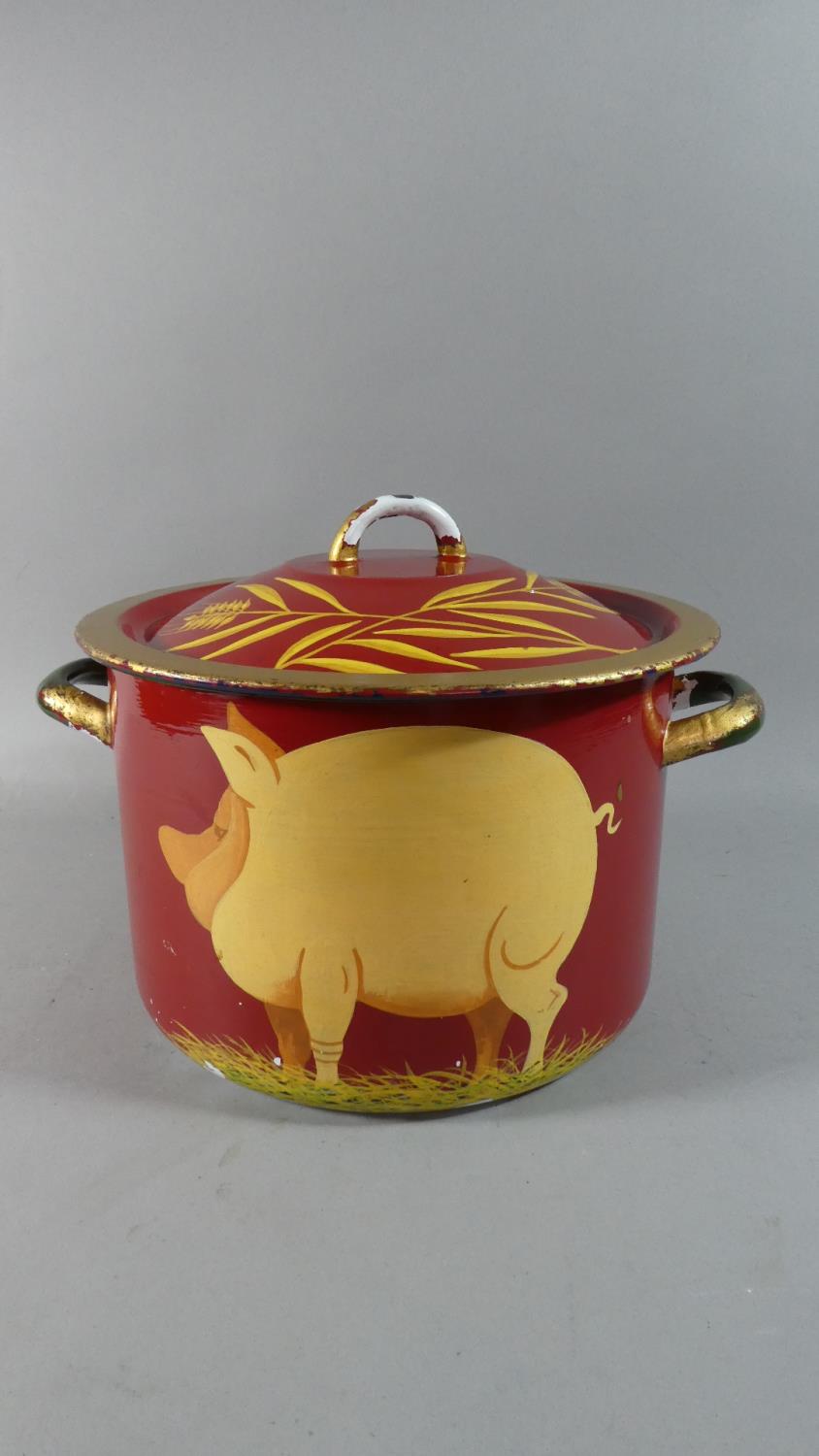 An Enamelled Two Handled Cooking Pan Decorated with Pig, 23cm High - Image 2 of 4