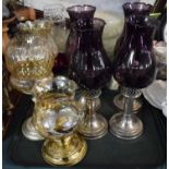 A Tray of Candlesticks to Include Four Silver Plated Examples with Aubergine Glass Shades etc