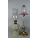 An Edwardian Brass Table Lamp with Coloured Glass Shade, 47cm High, Together with an Opaque Glass