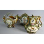 Four Pieces of Italian Majolica Comprising Jardiniere, Basket and Pair of Two Handled Vases