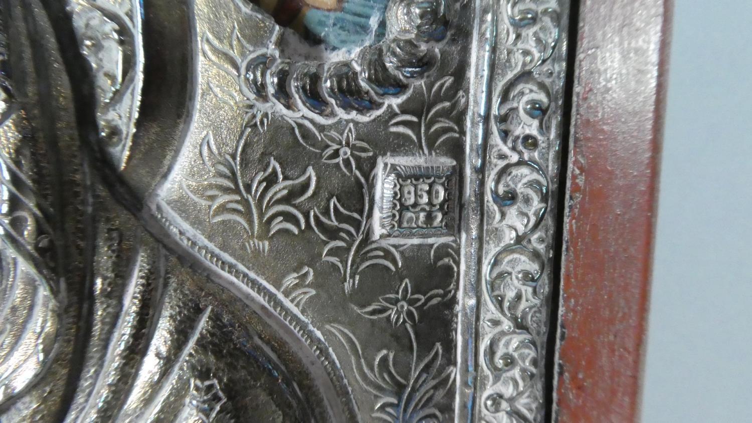 A Pair of Greek 950 Silver Wooden Framed Reproduction Byzantine Icons Depicting Virgin Mary and - Image 4 of 4