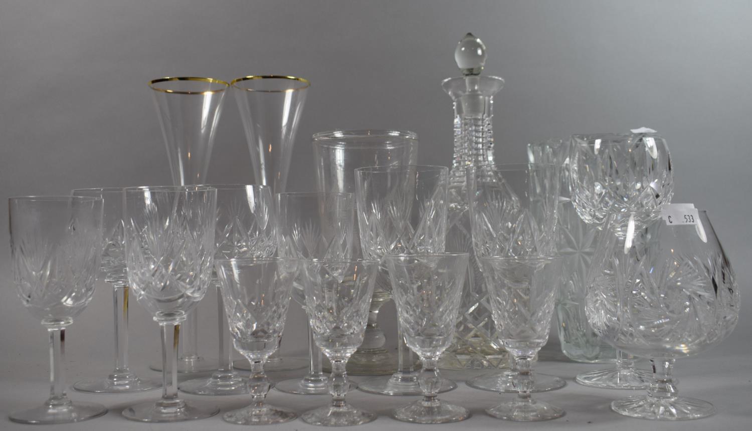 A Collection of Glassware to Include Sherries, Wines, Brandy Balloon, Vase, Decanter, Etched