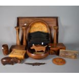 A Collection of Treen Items to Include Tray, Boxes. Candlesticks, Printing Block, Animals Etc
