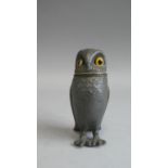 A Late 19th/Early 20th Century Novelty Pewter Pepper Pot Modelled as an Owl with Glass Eyes, 8cm