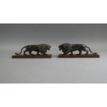 A Pair of Carved and Moulded Horn Lions on Wooden Plinths, 22.5cm Long