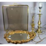 Two Brass Table Lamps, a Gilt Framed Mirror (Two Chips to Mouldings) and a Brass Framed Fire Screen