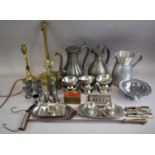 A Collection of Metalwares to Include Brass Table Lamps, Pewter, Stainless Steel etc
