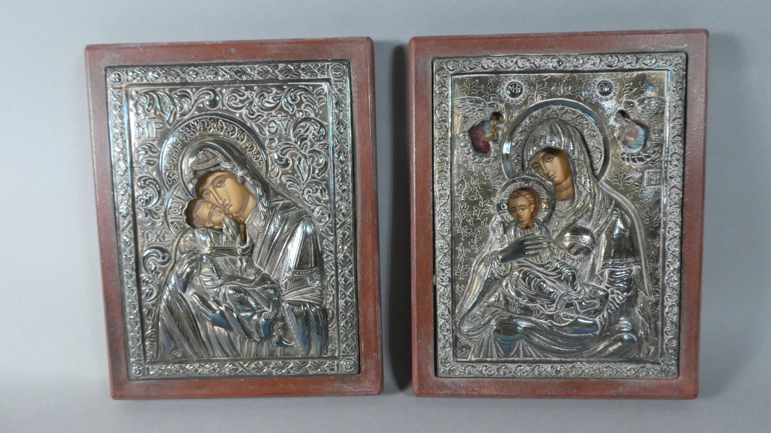 A Pair of Greek 950 Silver Wooden Framed Reproduction Byzantine Icons Depicting Virgin Mary and - Image 3 of 4