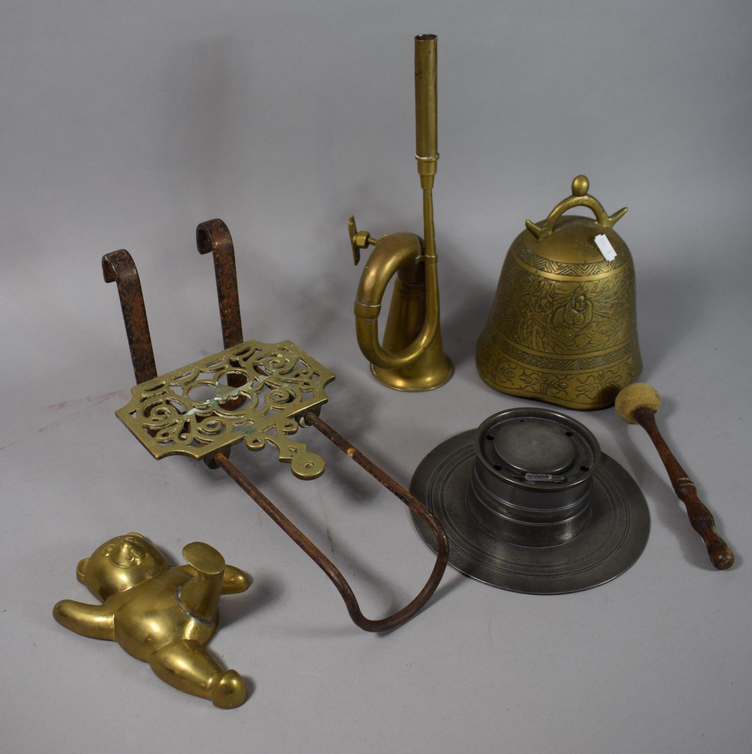 A Collection of Metalwares to Include Pewter Captan Style Inkwell (AF), Oriental Cast Brass Bell