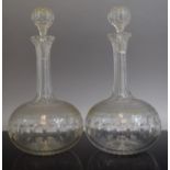 A Collection of Glassware to Include Pair of Etched and Thumb Cut Decanters (1 stopper af), Vases,