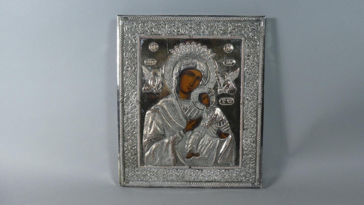 A Pair of Greek 950 Silver Wooden Framed Reproduction Byzantine Icons Depicting Virgin Mary and - Image 2 of 4