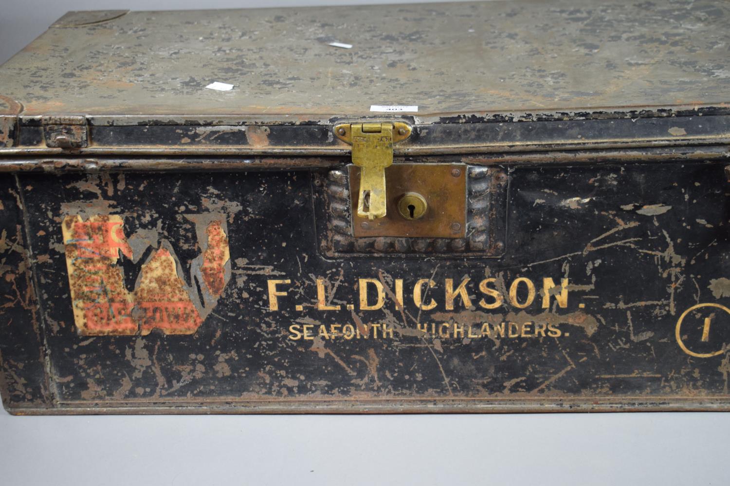 A Vintage Brass Mounted Military Trunk Inscribed "F.L.Dickson, Seaforth Highlanders", 76cm Wide