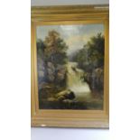 A Large Gilt Framed Oil on Canvas Depicting Waterfall and Trees, Signed P. Newman Bottom Right